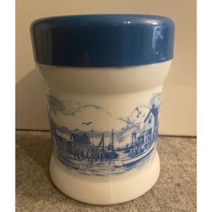 Vintage White Milk Glass Blue Delft Humidor Canister  6" tall  #1671